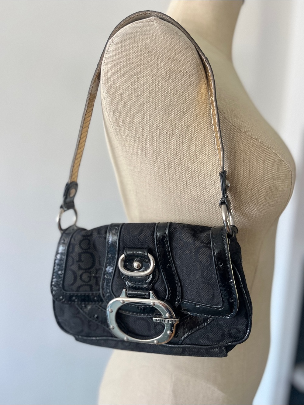 Vintage Guess Black Monogram Shoulder Bag Patent Trim Y2K Baguette Purse